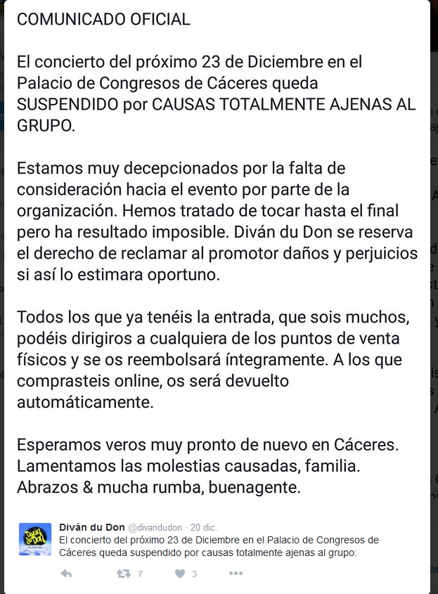 Noticia Suspendido el concierto de Diván du Don 2016 - Cáceres