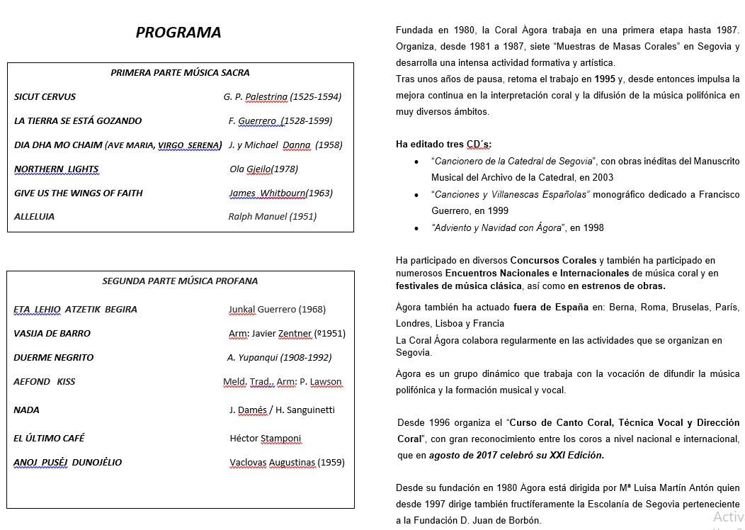 Programa concierto Coral Ágora de Segovia 2018 - Guadalupe