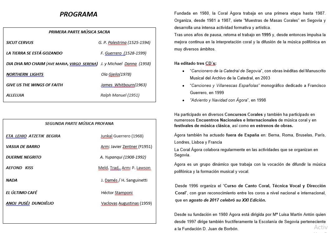 Programa concierto Coral Ágora de Segovia 2018 - Guadalupe