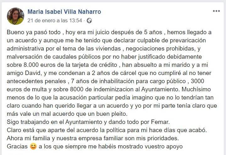 Acuerdo judicial para Isabel Villa exalcaldesa de Logrosán (Cáceres) 2020