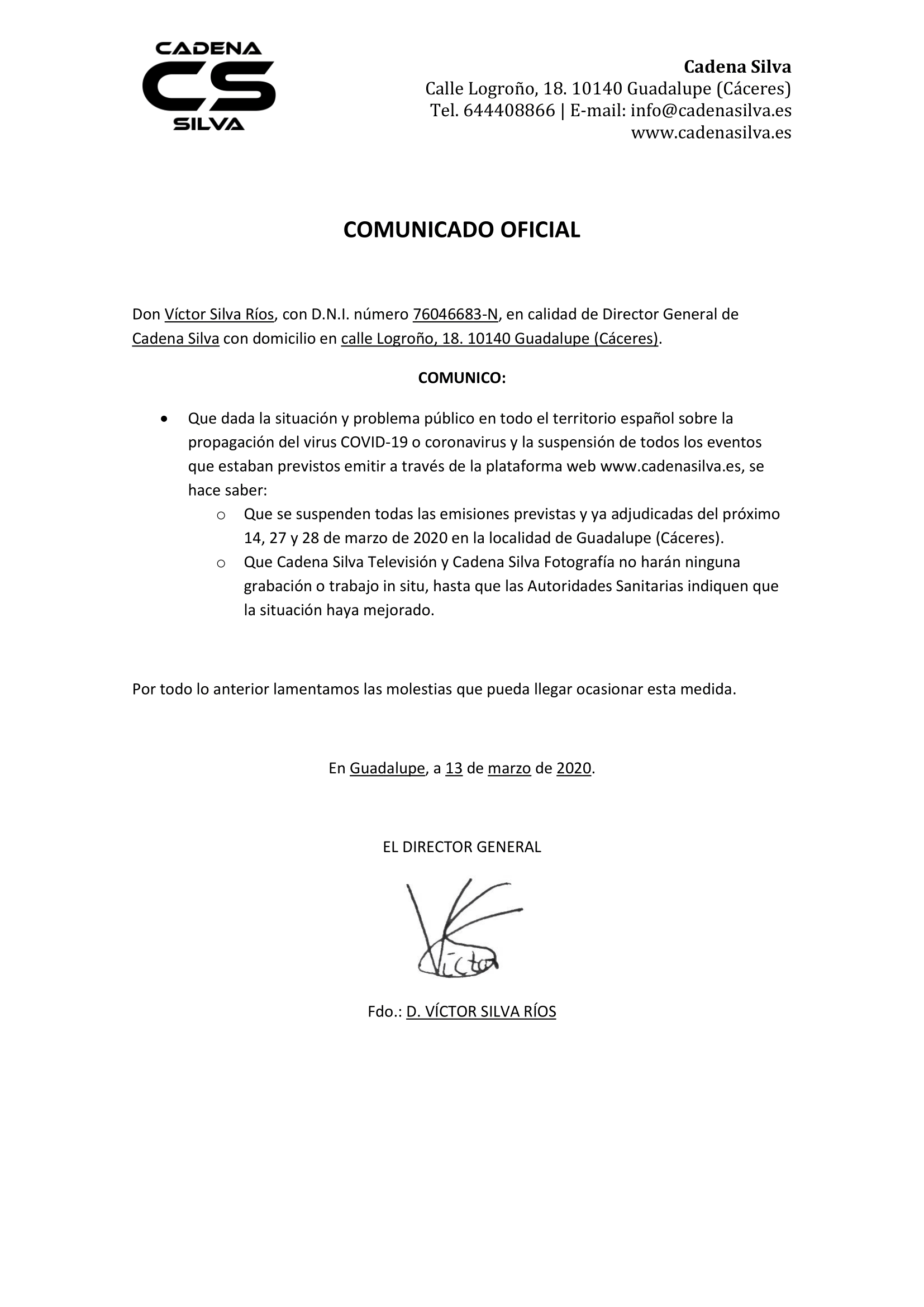 Cadena Silva suspende todas sus emisiones por el coronavirus 2020