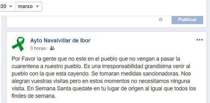 El Ayuntamiento de Navalvillar de Ibor (Cáceres) sancionará a quien pase la cuarentena en el municipio por el coronavirus 2020