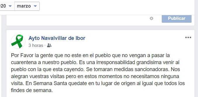 El Ayuntamiento de Navalvillar de Ibor (Cáceres) sancionará a quien pase la cuarentena en el municipio por el coronavirus 2020