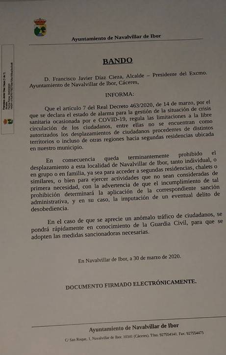 El Ayuntamiento de Navalvillar de Ibor (Cáceres) sancionará a todos aquellos que se salten las medidas por el coronavirus 2020