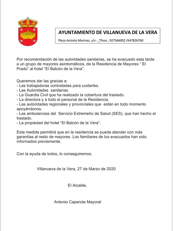 Evacuación de mayores asintomáticos de la residencia por prevención al coronavirus 2020 - Villanueva de la Vera (Cáceres)