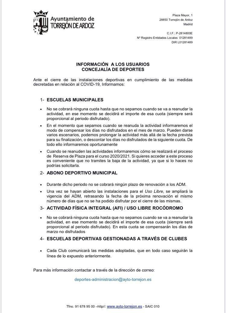 Información sobre los cobros de las actividades deportivas por el coronavirus 2020 - Torrejón de Ardoz (Madrid)