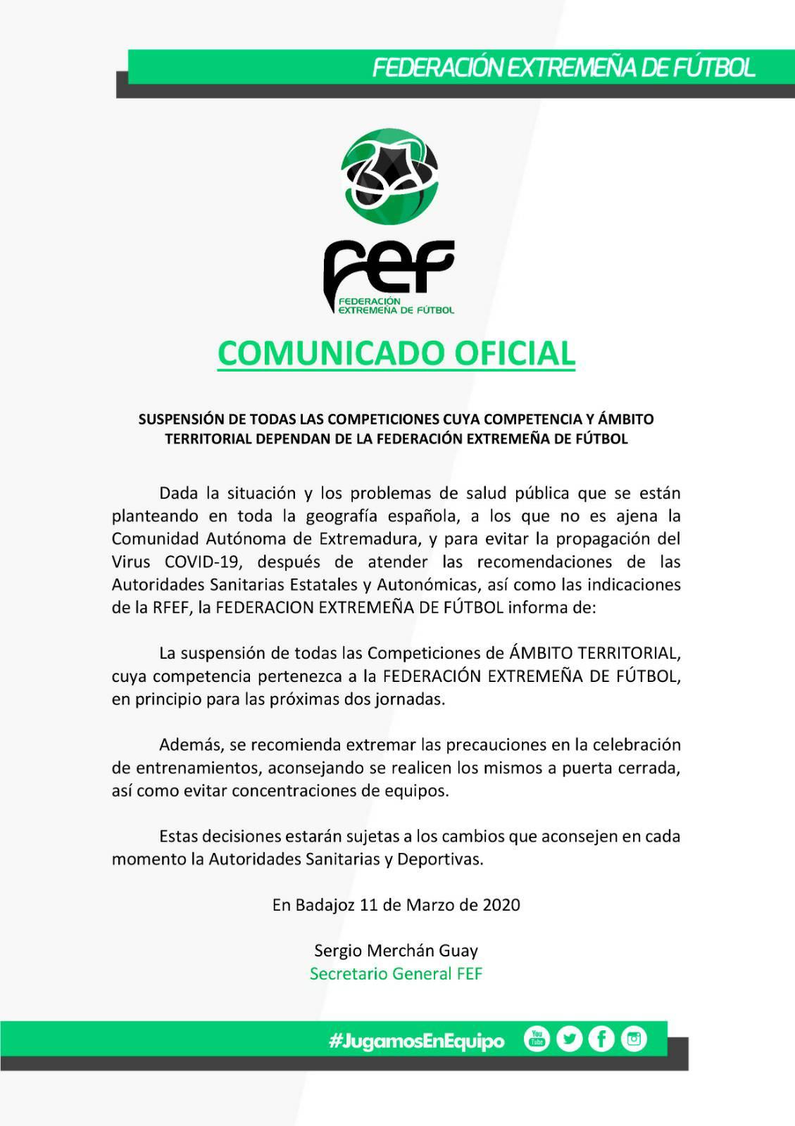 La Federación Extremeña de Fútbol suspende todas las competiciones en Extremadura por el coronavirus 2020