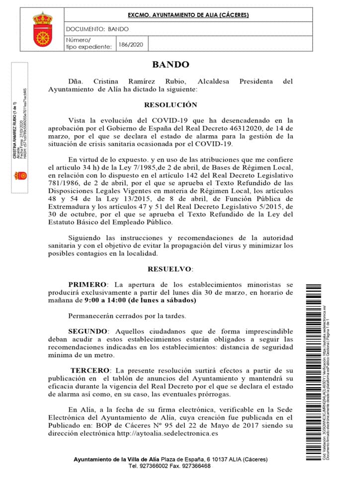 Los establecimientos de Alía (Cáceres) sólo abrirán por las mañanas por prevención al coronavirus 2020