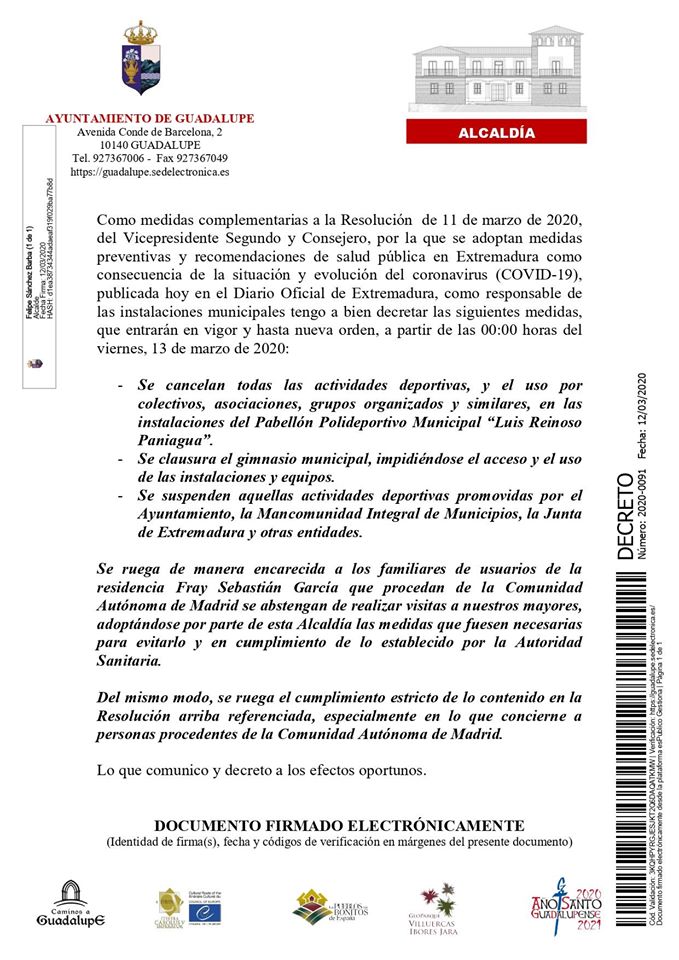 Medidas por el coronavirus 2020 - Guadalupe (Cáceres) 1