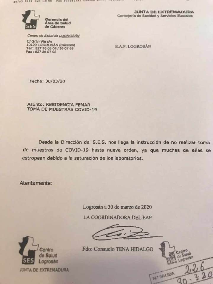 No se realizarán de momento más tests de coronavirus en la residencia de Logrosán (Cáceres) marzo 2020