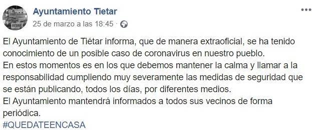 Primer posible positivo por coronavirus 2020 - Tiétar (Cáceres)
