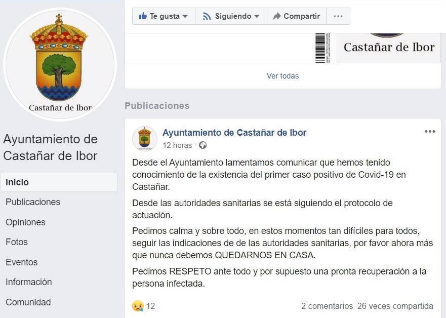 Primer positivo por coronavirus en Castañar de Ibor (Cáceres) 2020