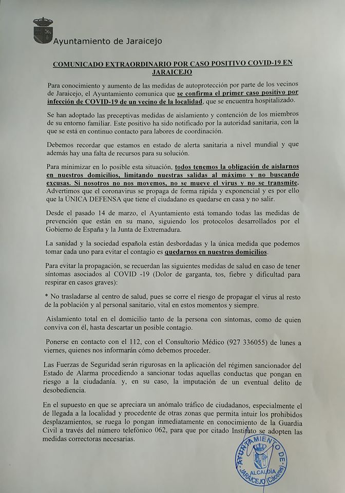 Primer positivo por coronavirus en Jaraicejo (Cáceres) 2020