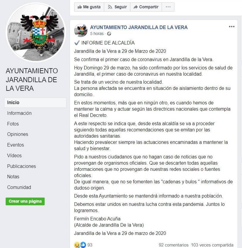 Primer positivo por coronavirus en Jarandilla de la Vera (Cáceres) 2020