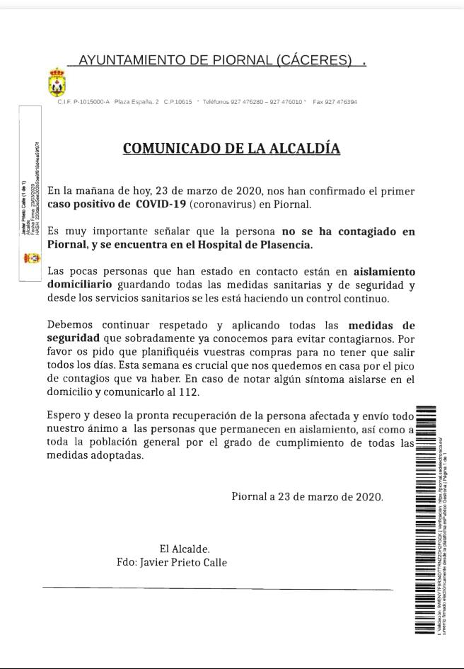 Primer positivo por coronavirus en Piornal (Cáceres) 2020