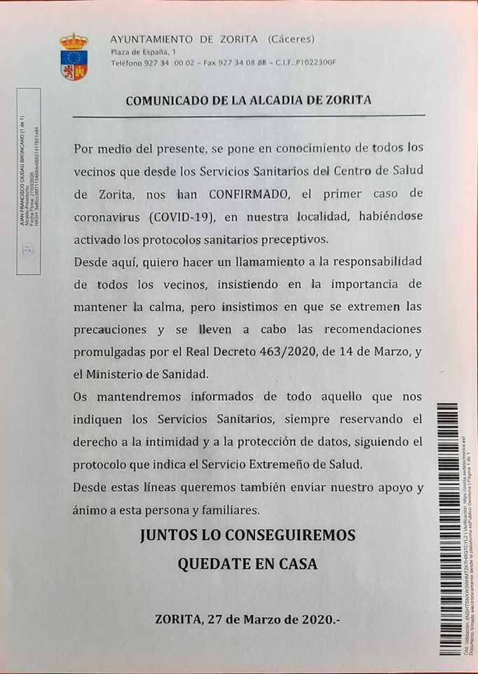 Primer positivo por coronavirus en Zorita (Cáceres) 2020