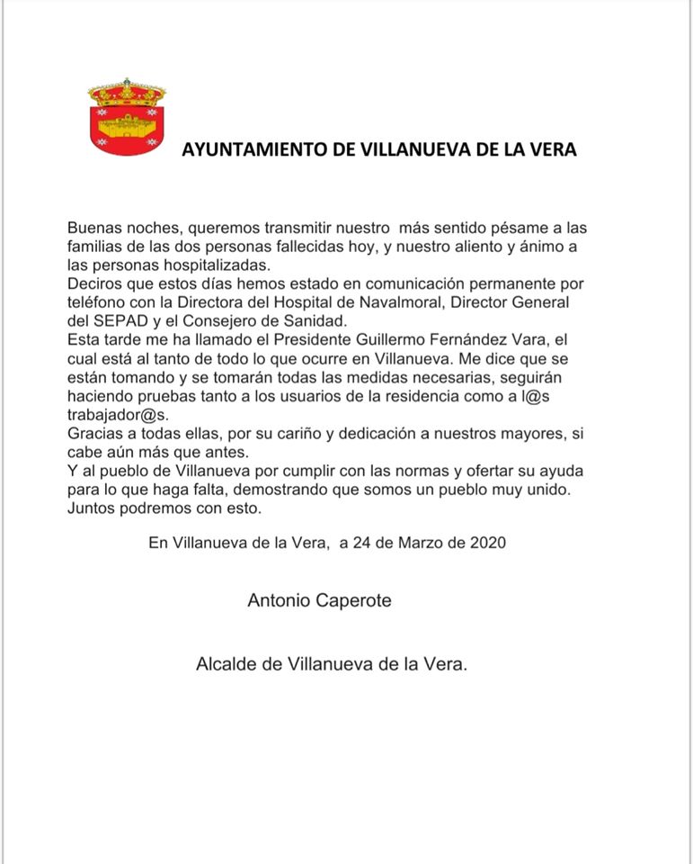 Primer y segundo fallecido por coronavirus en Villanueva de la Vera (Cáceres) 2020