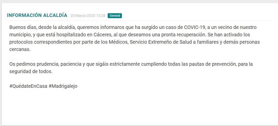 Primer y segundo positivo por coronavirus en Madrigalejo (Cáceres) 2020 1