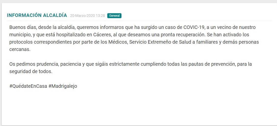 Primer y segundo positivo por coronavirus en Madrigalejo (Cáceres) 2020 1