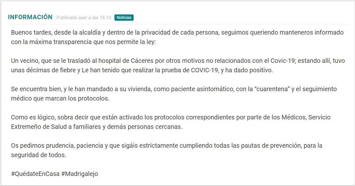 Primer y segundo positivo por coronavirus en Madrigalejo (Cáceres) 2020 2