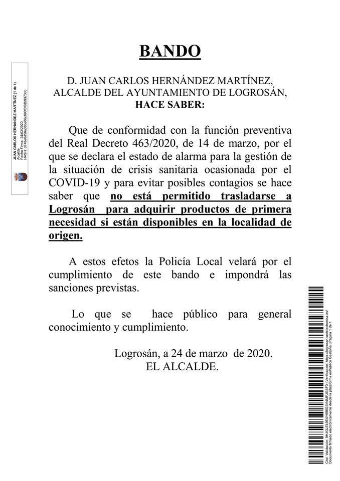 Prohibido ir a Logrosán (Cáceres) para adquirir productos por el coronavirus 2020