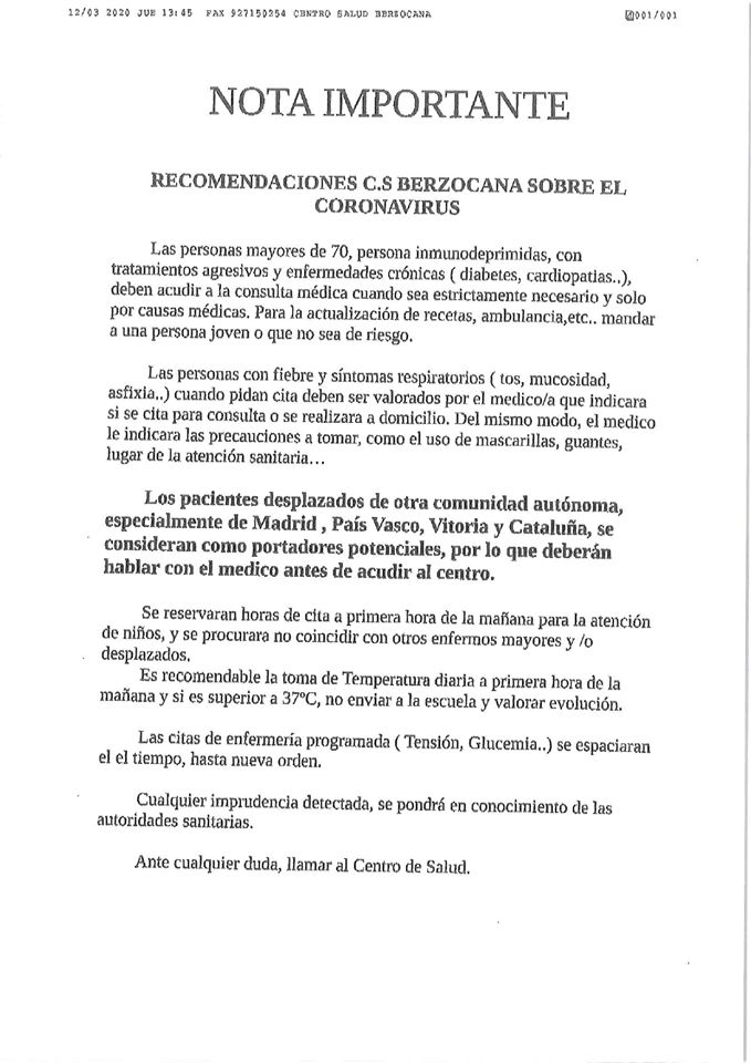 Recomendaciones por el Centro de Salud de Berzocana (Cáceres) ante el coronavirus 2020