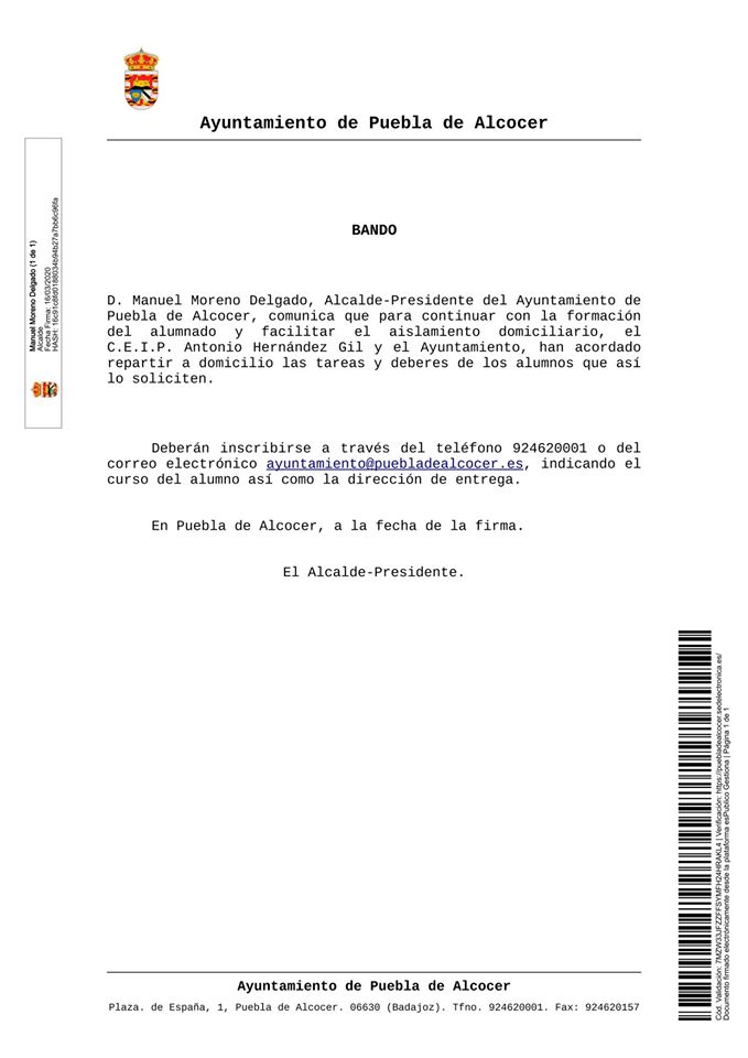 Se repartirán a domicilio las tareas y deberes por el coronavirus 2020 - Puebla de Alcocer (Badajoz)