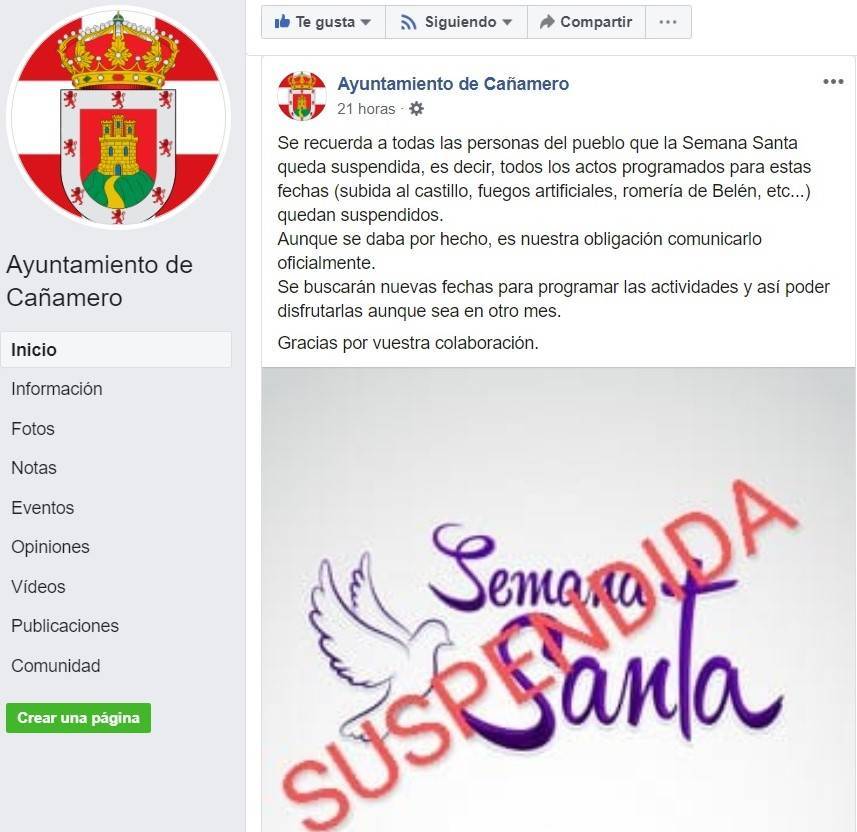 Se suspende la Semana Santa 2020 de Cañamero (Cáceres) por el coronavirus