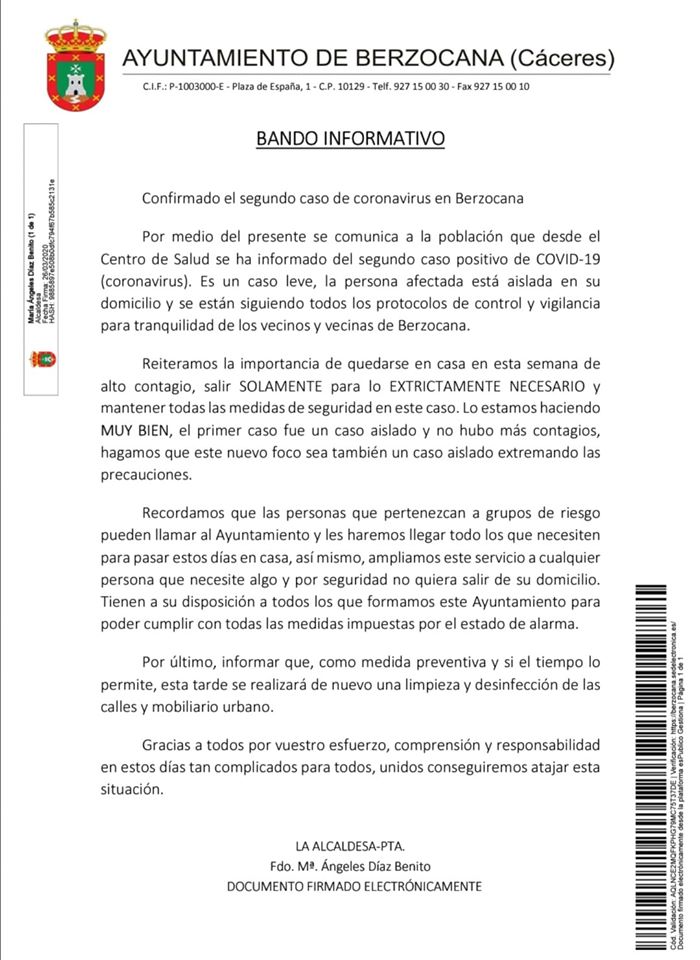 Segundo positivo por coronavirus en Berzocana (Cáceres) 2020