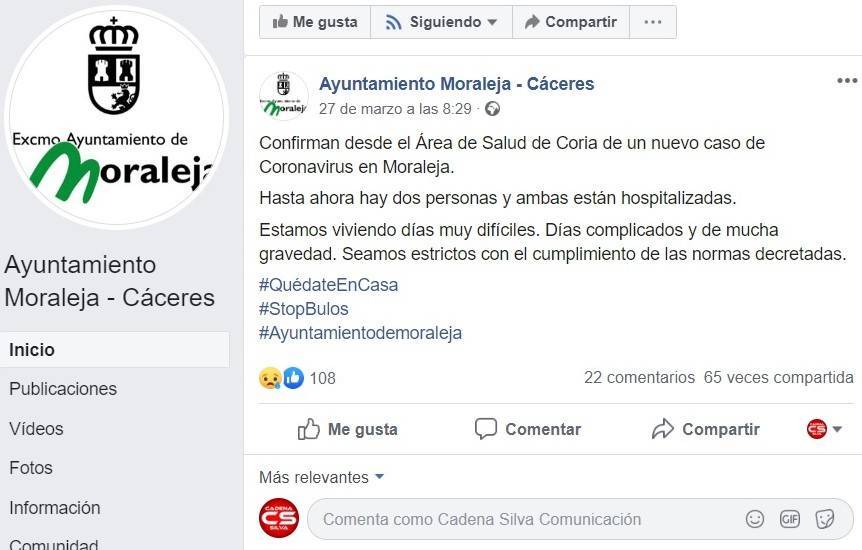 Segundo positivo por coronavirus en Moraleja (Cáceres) 2020