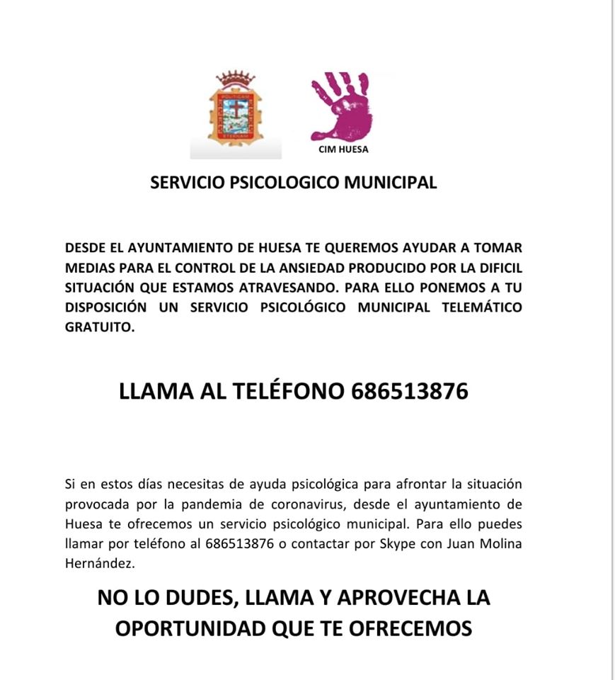 Servicio psicológico municipal telemático gratuito por el coronavirus 2020 - Huesa (Jaén)