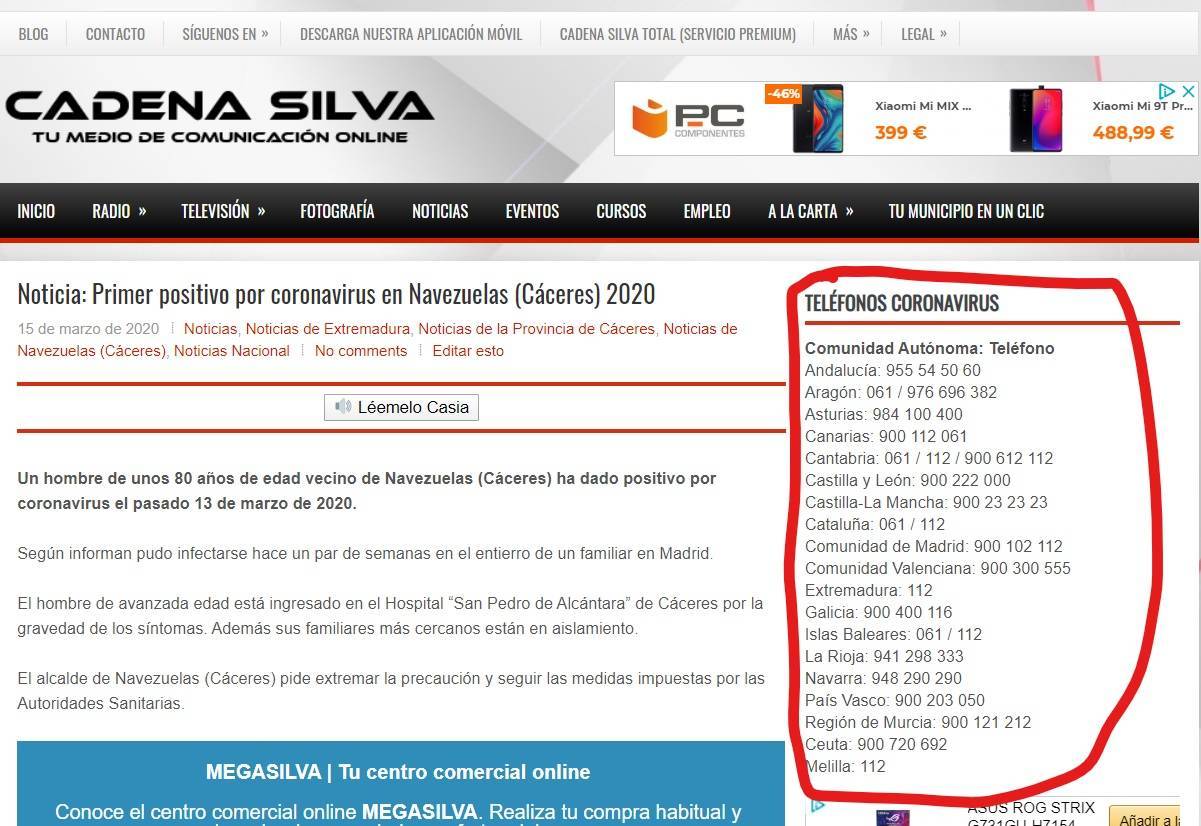 Teléfonos coronavirus 2020