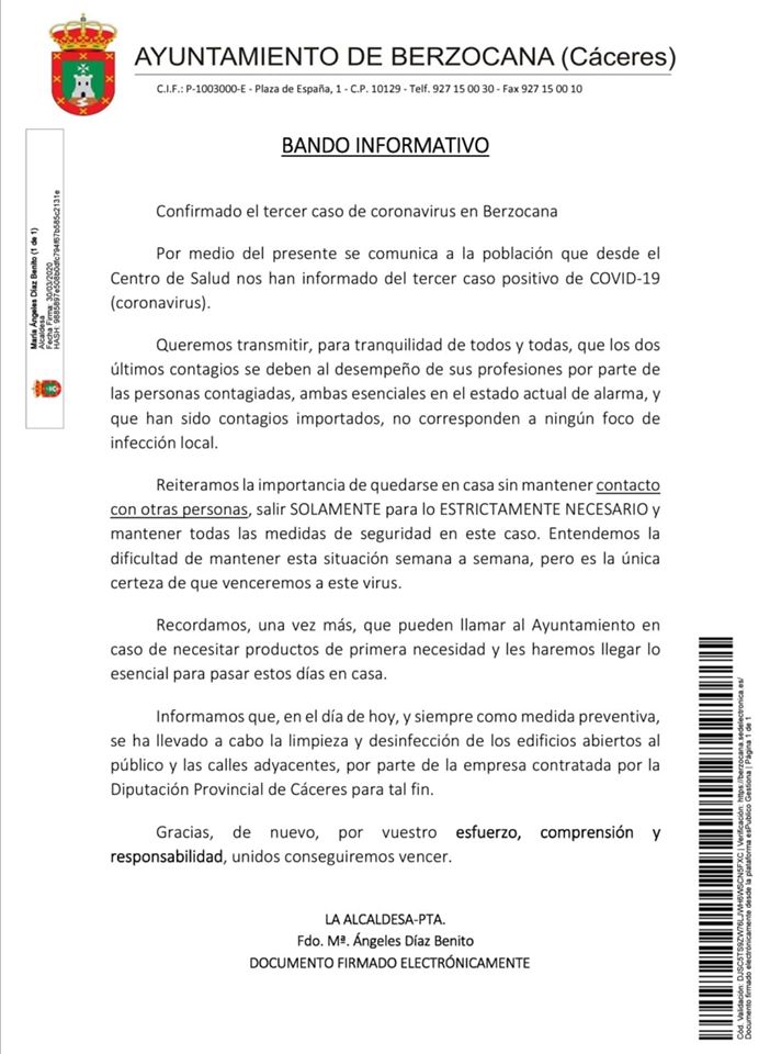 Tercer positivo por coronavirus en Berzocana (Cáceres) 2020