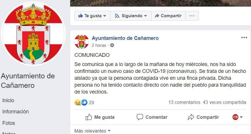 Tercer positivo por coronavirus en Cañamero (Cáceres) 2020