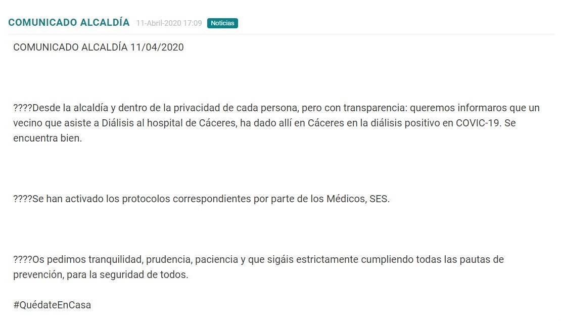Cuarto positivo por coronavirus en Madrigalejo (Cáceres) 2020