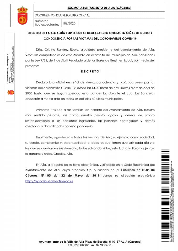 Declaración de luto oficial por las víctimas del coronavirus en Alía (Cáceres) 2020