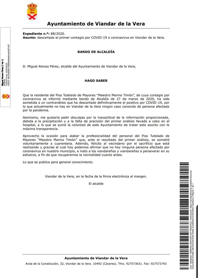 Descartado el primer positivo por coronavirus en Viandar de la Vera (Cáceres) 2020