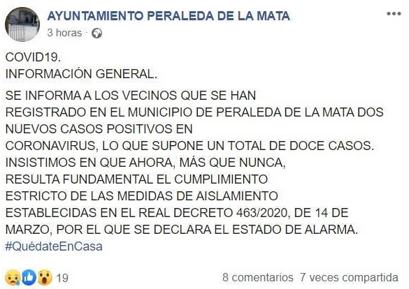 Doce positivos por coronavirus en Peraleda de la Mata (Cáceres) 2020