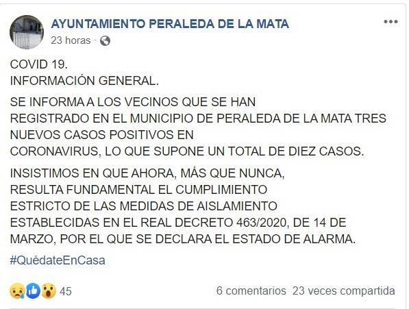 Décimo positivo por coronavirus en Peraleda de la Mata (Cáceres) 2020