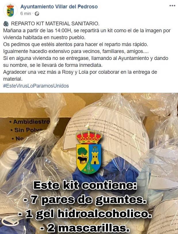 El Ayuntamiento repartirá un kit a los vecinos de Villar del Pedroso (Cáceres) por prevención al coronavirus 2020