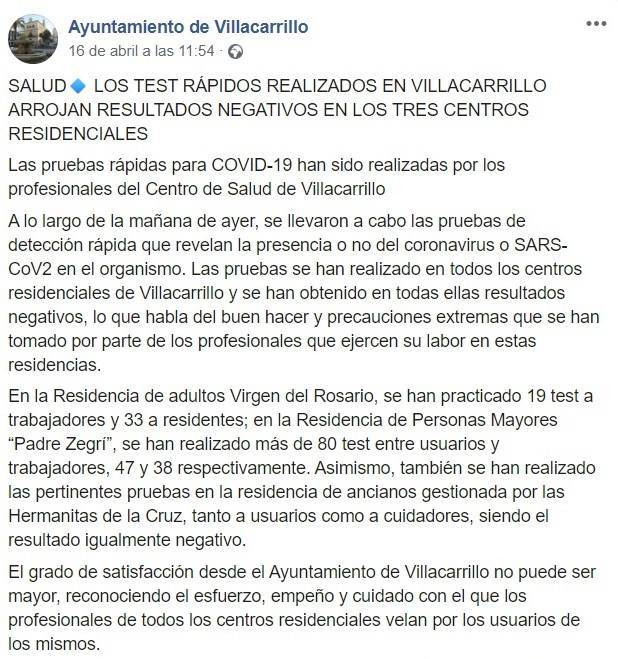 Las tres residencias de Villacarrillo (Jaén) dan negativo en coronavirus abril 2020