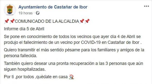 Primer fallecido por coronavirus en Castañar de Ibor (Cáceres) 2020