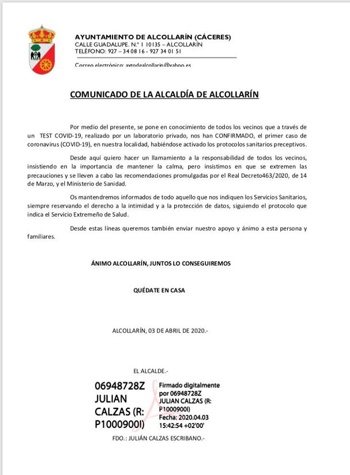 Primer positivo por coronavirus en Alcollarín (Cáceres) 2020