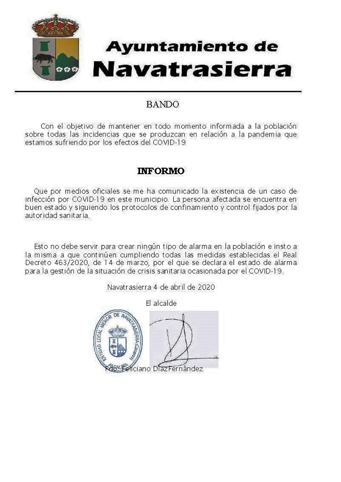 Primer positivo por coronavirus en Navatrasierra (Cáceres) 2020