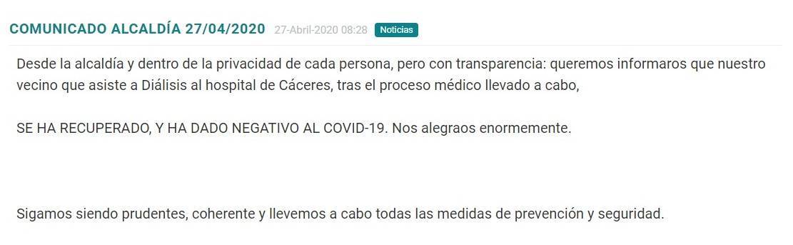 Primer recuperado por coronavirus 2020 - Madrigalejo (Cáceres)
