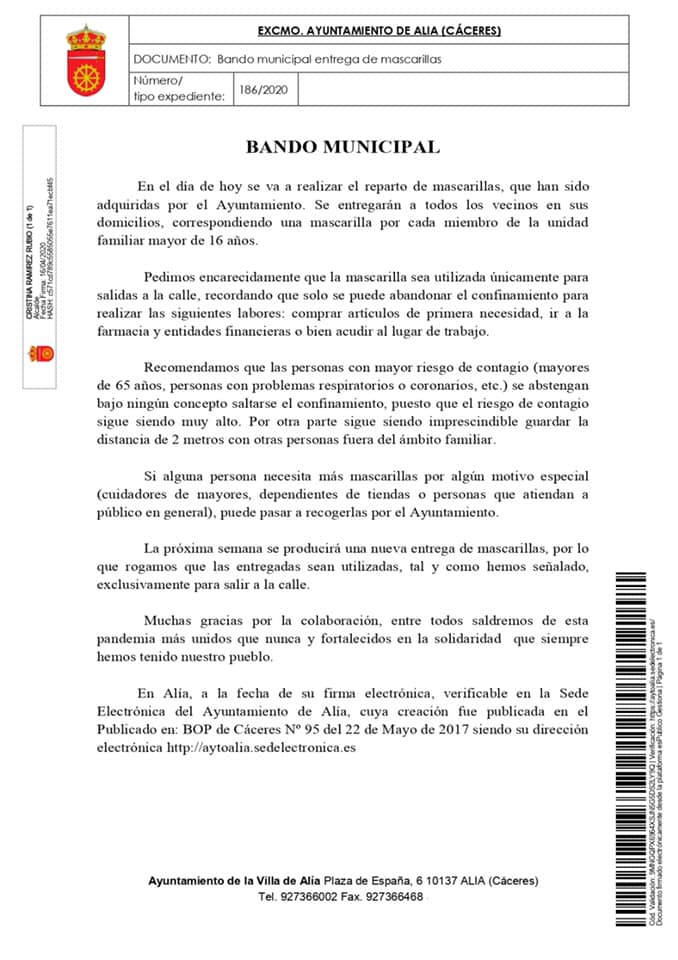 Reparto de mascarillas a domicilio a todos los vecinos de Alía (Cáceres) 2020