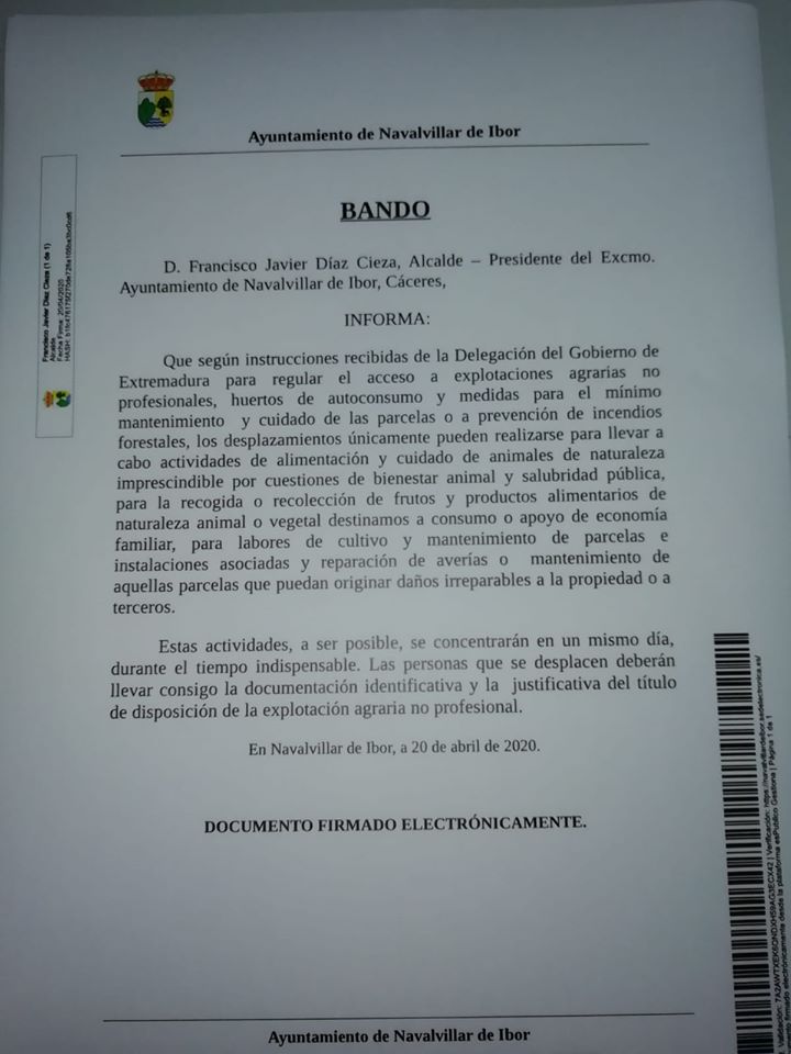Se regula el acceso a huertos de autoconsumo por el coronavirus en Navalvillar de Ibor (Cáceres) 2020