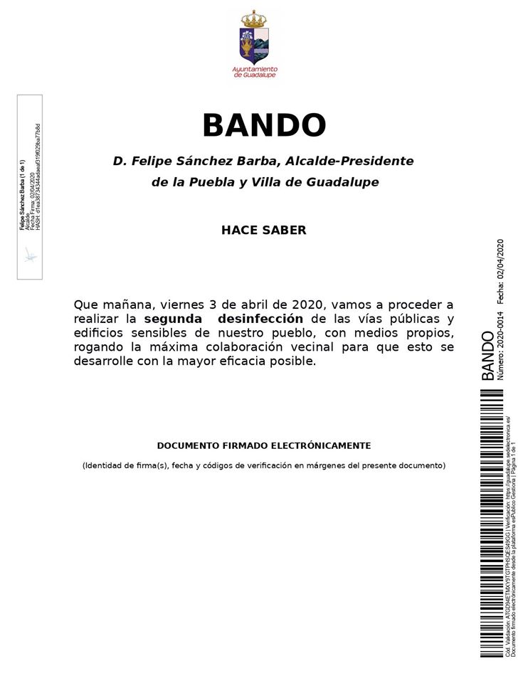 Segunda desinfección por coronavirus en Guadalupe (Cáceres) 2020