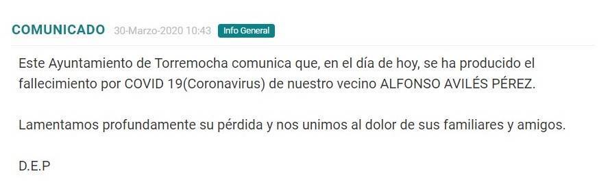 Segundo fallecido por coronavirus en Torremocha (Cáceres) 2020