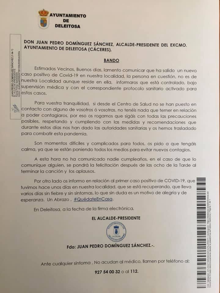 Segundo positivo por coronavirus en Deleitosa (Cáceres) 2020